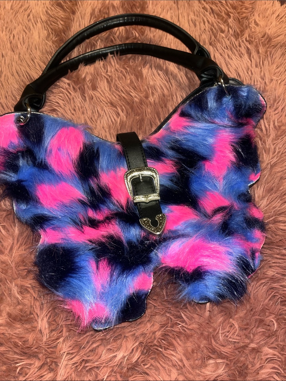 Faux Fur Butterfly Shoulder Bag in Pink & Blue